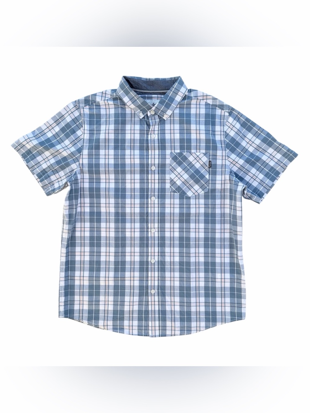 Hurley Blue and White Plaid Button Down Short Sleeve Cotton Shirt by ~ Men’s M